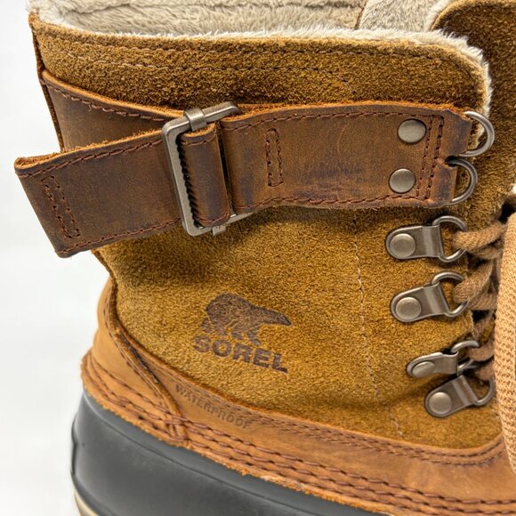 Sorel women's Winter Fancy Lace II duck boots rubber suede brown tan 9 buckle - Picture 3 of 13